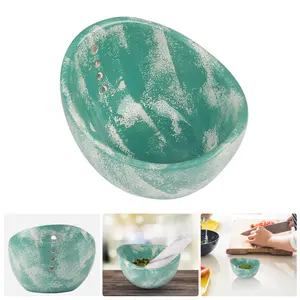 Pottery Herb Stripper Bowl, 4-Hole Ceramic Herb Stripper, Marbled Design for Vegetable & Spice Prep, Ideal for Kitchen and Outdoor Camping