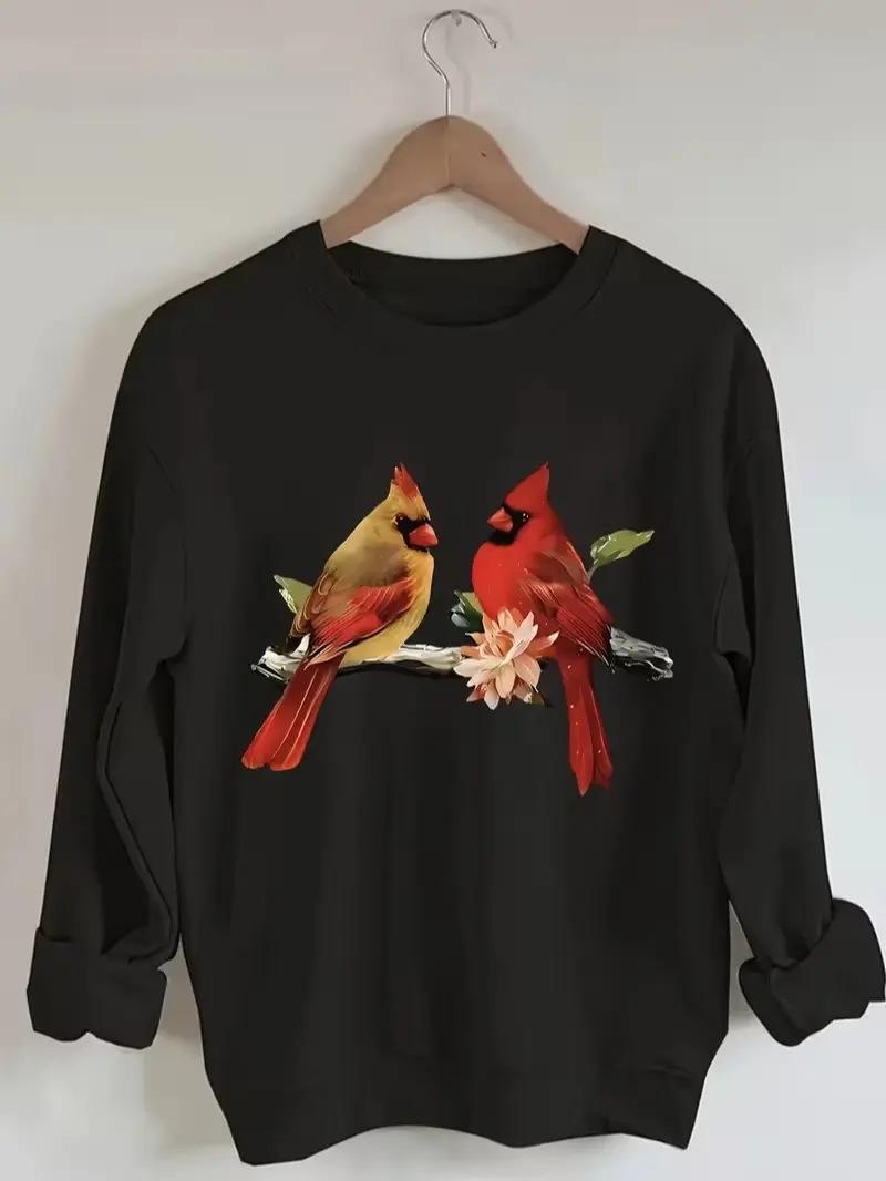 Pair Of Cardinal Birds Floral Branch Graphic Crewneck Sweatshirt, Nature Wildlife Casual Pullover, Casual Daily Outfit, Holiday Gift, Vintage Retro All‑Season Style