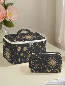 Sun & Star & Moon Pattern Cosmetic Storage Bag Set, Large Capacity Travel Cosmetic Storage Bag, Portable Zipper Makeup Organizer Pouch
