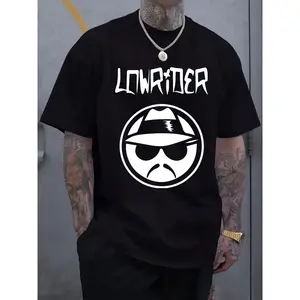 Men's Casual Graphic Tee - Short Sleeve Crew Neck T-Shirt with "LOWRIDER" Print, Summer Outdoor Streetwear, White Polyester Blend, Machine Washable, Casual Attire | Casual Style Shirt | Machine Washable Top, Tee Shirts