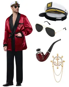 Men's Red Silky Robe Jacket & Pajama Pants Sets Halloween Hugh Hefner Captain Costume Set with Hat Sunglasses Pipe Pin