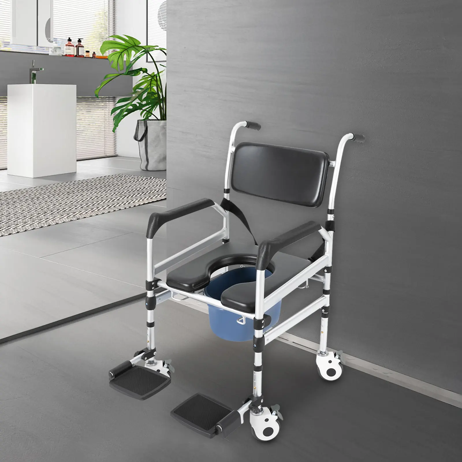 Shower Chair with Wheels Rolling Commode Chair for Toilet with Arms, Adjustable Height Folding Bath Commodes for Inside Shower, Bedside Wheelchair Bathroom Chairs for Elderly, Disabled, Injured Home Home Father Son High School Graduation Gift