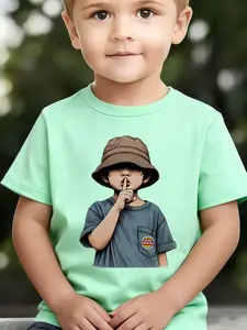 Boys' Summer Breathable & Comfortable "Little Boy" Cartoon Print (3-12Y) Casual Sports T-Shirt