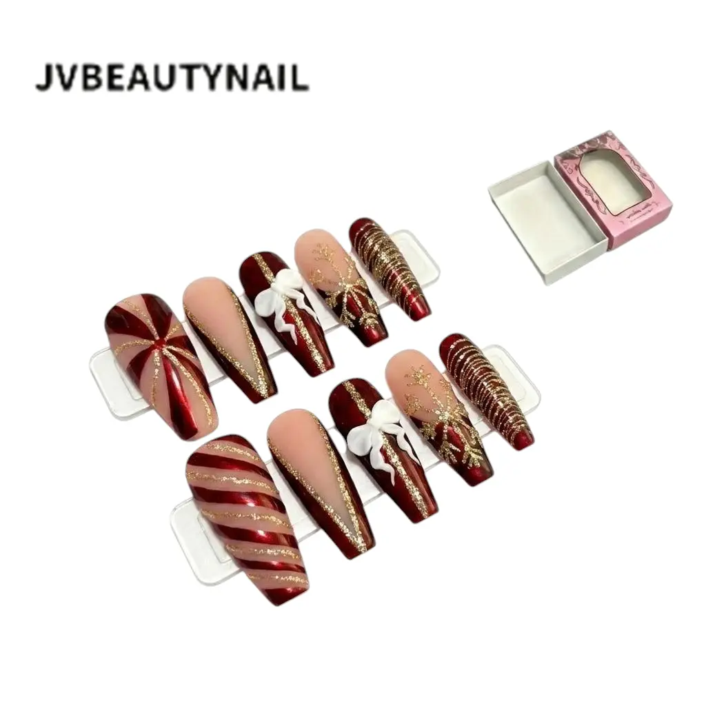 JVBeautyNail 10 Pcs Press On Nails for Women, Long Coffin Burgundy, Nude and Gold Glitter Nails with 3D White Bow, Starburst Design, Trendy Glam Fake Nail Set for Christmas, Vacation and Night Out