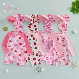 Baby Girl Swimsuit with Sun Hat Long Sleeve Rash Guard  UPF 50+ UV Protection Swimwear Strawberry Bow Print Bathing Suit for Infant Toddler