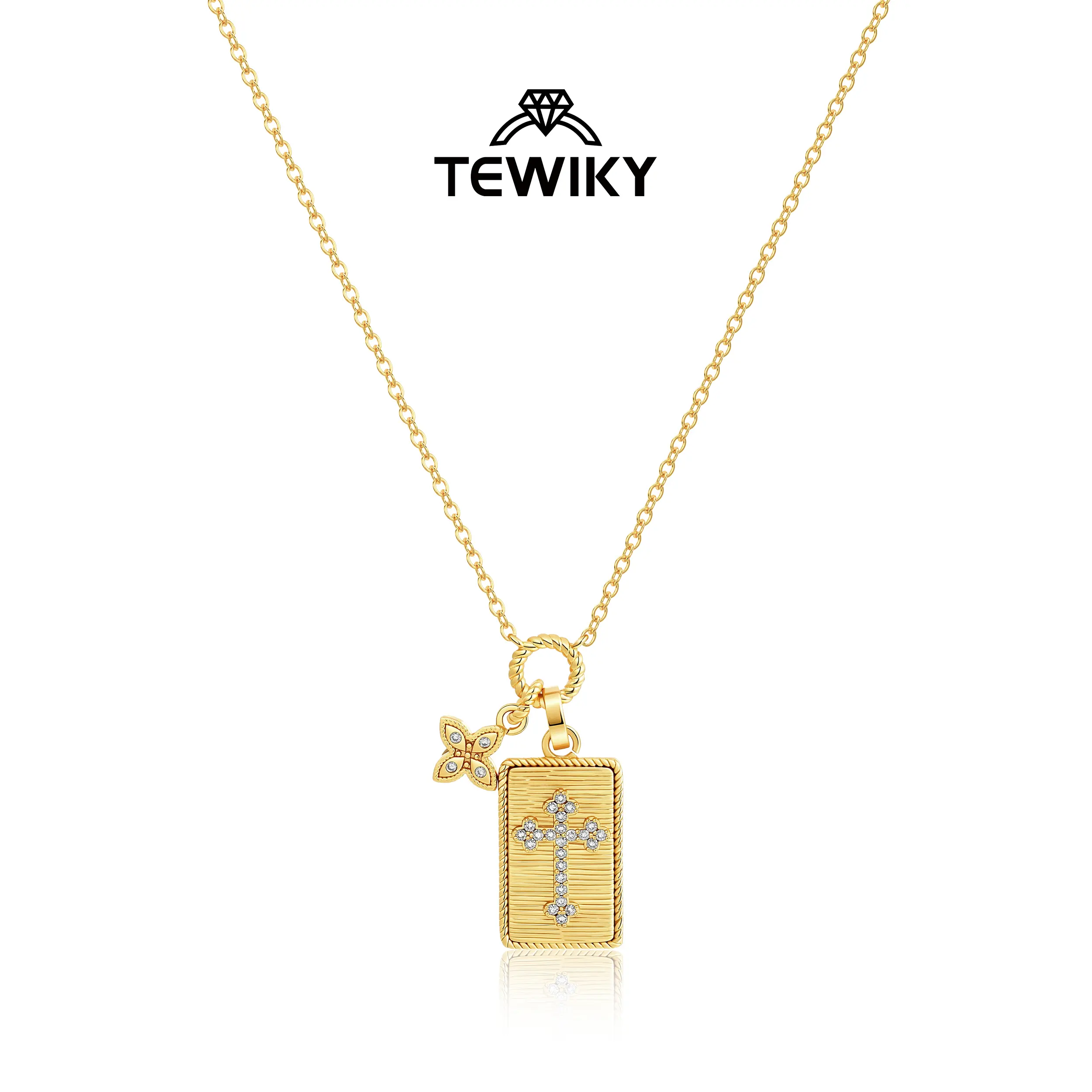 TEWIKY 14K Gold-Plated Female Clover&Cross Brushed Square Pendant Necklace, Elegant Artificial Gemstone Necklaces & Pendants with Golden Cubic Zirconia, Casual Daily Wear Jewelry Gift for Women