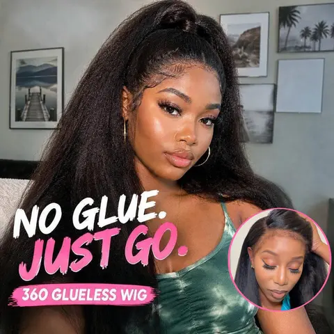 KissLove 360 Glueless Kinky Straight Human Hair Wig, Wear & Go with Invisi-Drawstring, Pre-Plucked Natural Edges, Pre-Bleached Knots, 180%/250% Density, 14-24 Inch