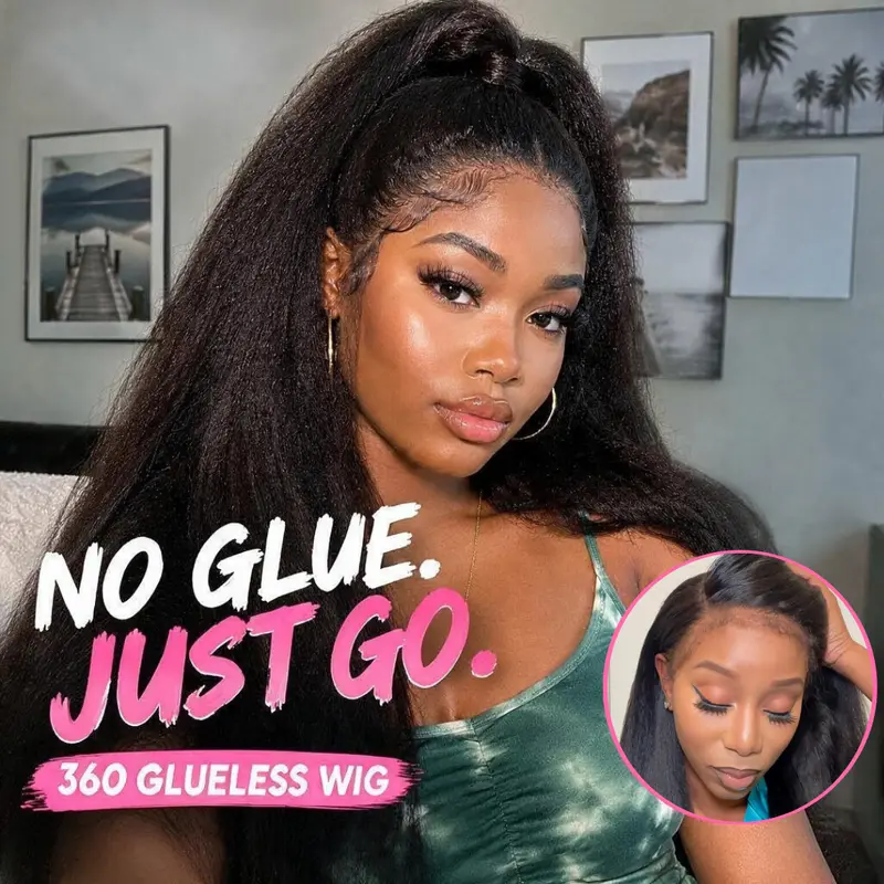KissLove 360 Glueless Kinky Straight Human Hair Wig, Wear & Go with Invisi-Drawstring, Pre-Plucked Natural Edges, Pre-Bleached Knots, 180%/250% Density, 14-24 Inch