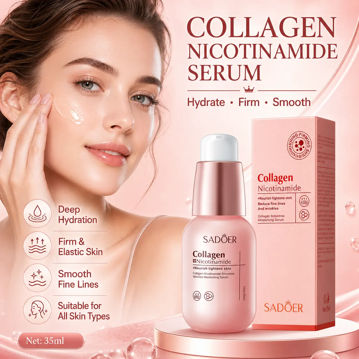 SADOER Collagen Nicotinamide Serum 35ml - Nourishes Tightens Skin Smooths Fine Lines for Youthful Glow Moisturizer Cleansing