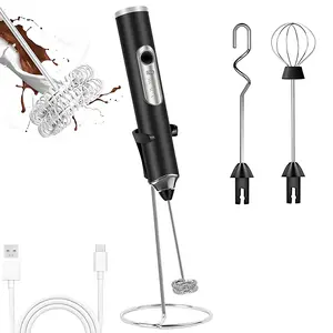 Milk Frother Handheld with 3 Heads, mix Fruit juice powder,Prebiotic Powder,Electric Whisk Drink Foam Mixer with USB Rechargeable 3 Speeds, Mini Frother for Coffee Latte, Cappuccino, Hot Chocolate, Egg - Black/White