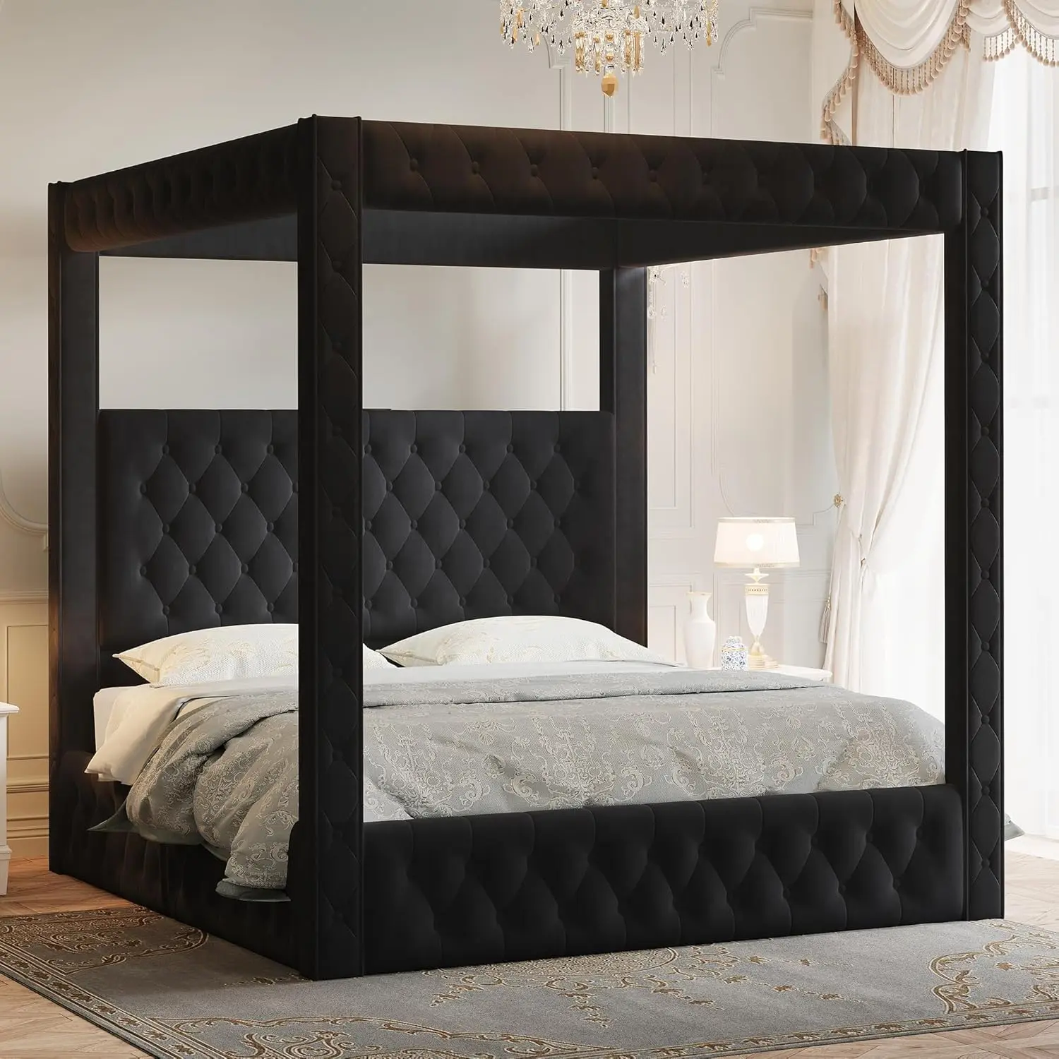 [Summerwins]【King Size Shipped in 2 Boxes】AMERLIFE Upholstered Canopy Bed Frame King Size with 74.8" Tall Four Poster and Velvet Deep-Tufted Tall Headboard with Charging Station/Modern Luxury Style/No Box Spring Needed/Black