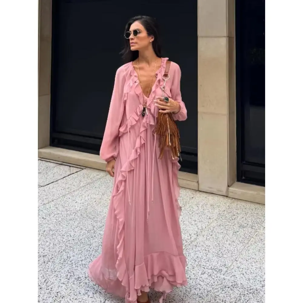 Women's Elegant Minimalist V-Neck Full-Sleeve Polyester Blend Gown, Basic Modest Plain Solid Dress with Lace-Up Bow, Tiered Flounce for Vacation, Chic, Machine Washable, Normal Type