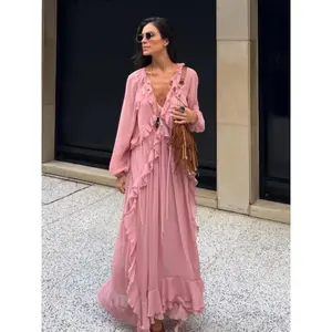 Elegant Solid Multiple Flounces Lace Up Dresses Chic Loose V Neck Full Sleeve Robes New Lady Summer Commute Vacation Gown 2025 summer  outfits  modest