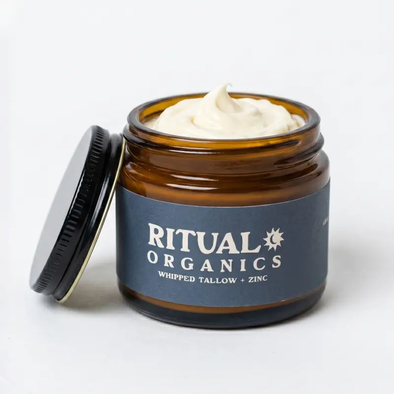 RITUAL ORGANICS Whipped Tallow Sun Balm - Grass-Fed Beef Tallow Face Moisturizer with Non-Nano Zinc Oxide, Organic Jojoba, Rosehip and Lavender, Non-Comedogenic Daily Balm for Face and Body, 2 oz
