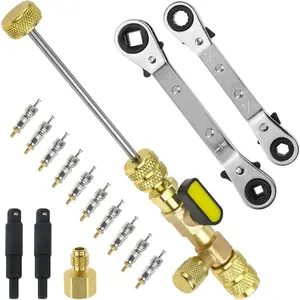 Valve Core Remover Installer Tool and HVAC Service Wrench Set with Hex Bit Adapters, Dual Size SAE 1/4 & 5/16 Port, 3/8" to 1/4", 5/16'' x 1/4'' Refrigeration Service Wrench, 10pcs Valve Core