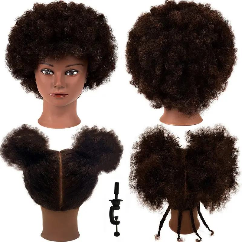 Human Hair Training Afro Mannequin Head – Short Curly Hair for Beginners to Practice Braiding, Cutting, Styling – Includes Clamp