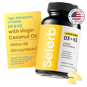 Selerb Vitamin D3 K2 – 10,000 IU D3 + 200 mcg MK-7 with Virgin Coconut Oil – Bone, Heart & Immune Support – 120 Softgels