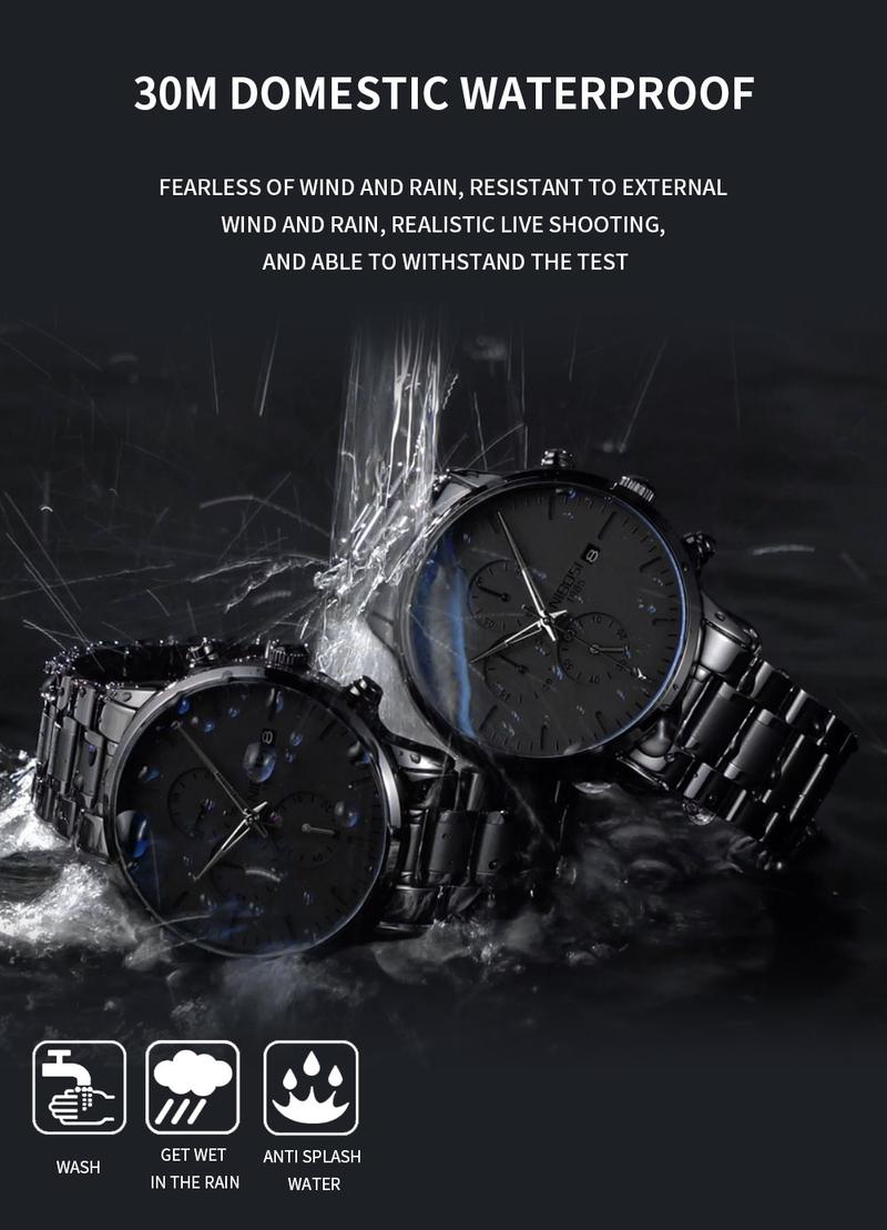 【Clearance sale】NIBOSI Men's Watches Analog Minimalist Black Dial Watches for Men Business Chronograph Military Casual Wrist Watches Stainless Steel Strap Date