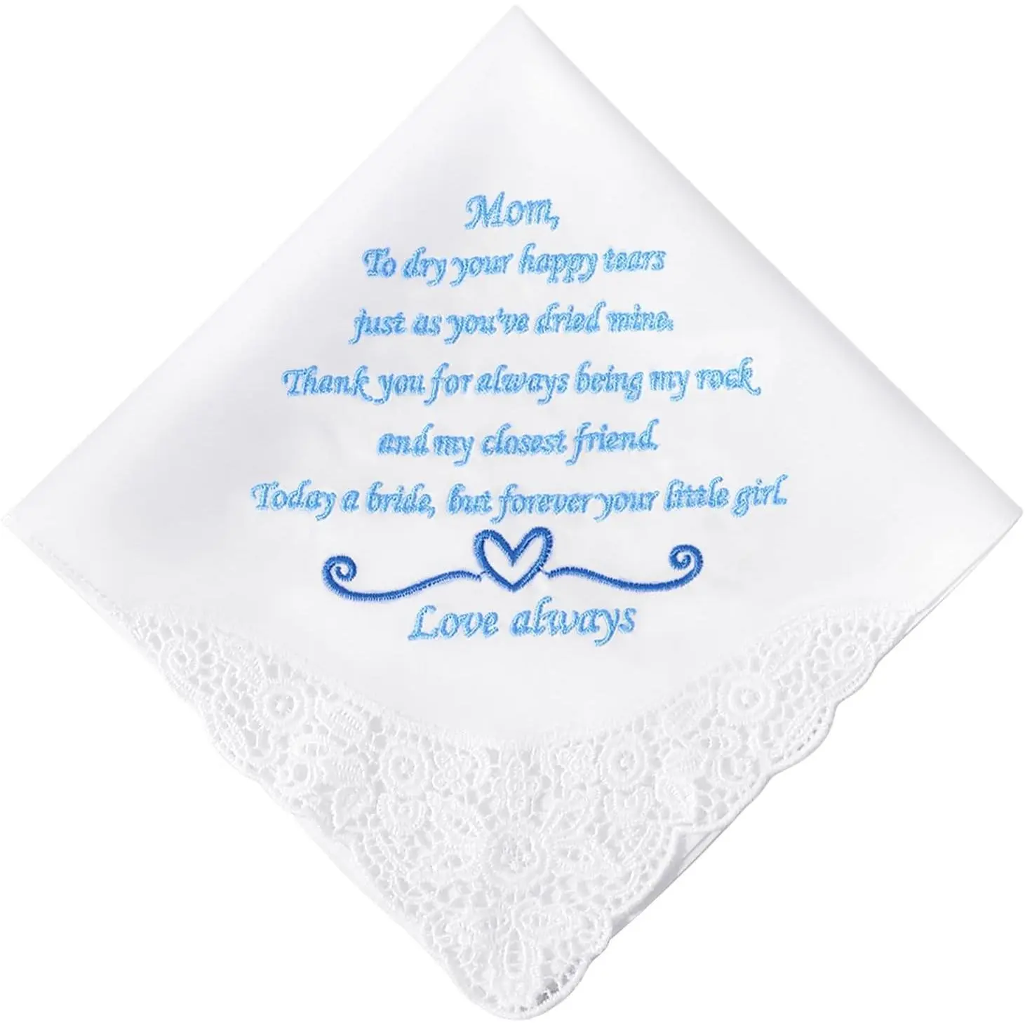 Handkerchief for Mother of the Bride, Custom Embroidered 100% Cotton Wedding Keepsake with Lace Trim, Something Blue Gift for Parents & Grandparents, Embroidery, Personalized, Gift For Grandma, Perfect Gift For Parents