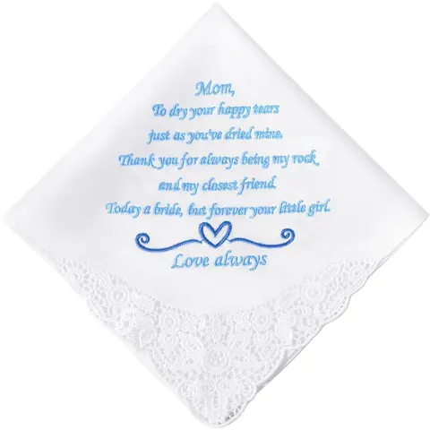 Women's 1pc Custom Embroidered 100% Cotton Durable Absorbent Handkerchief (32x32cm) - Elegant Lace Trim Wedding Hankie, Something Blue Gift for Mother of the Bride, Perfect Gift for Grandparents with Custom Message