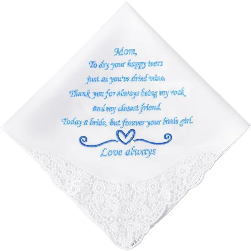 Women's 1pc Custom Embroidered 100% Cotton Durable Absorbent Handkerchief (32x32cm) - Elegant Lace Trim Wedding Hankie, Something Blue Gift for Mother of the Bride, Perfect Gift for Grandparents with Custom Message