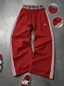 American Vintage 3 Bar Sports Sweatpants, Track Pants, Wine Fake Two-Piece Design, Loose Wide Leg Hip Hop Style, Unisex Fashion
