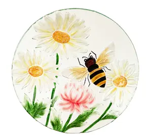 Evergreen 18" Hand Painted Daisies & Bee GlassBird Bath