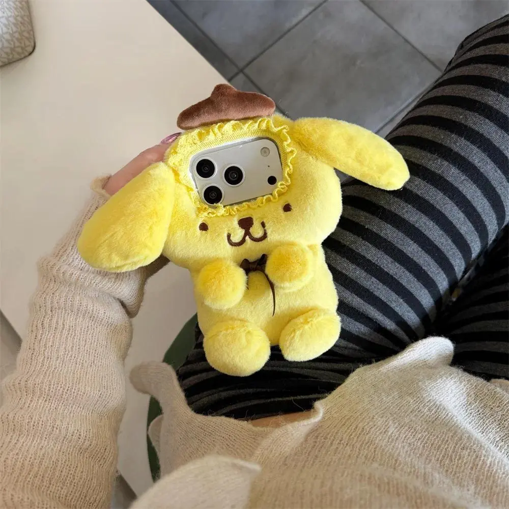 Plush 3D Pompompurin Warm Phone case for iPhone 16 Pro 14 15 17 Pro Max Cover Cute Cartoon Shockproof Cases For 16 17 Cap