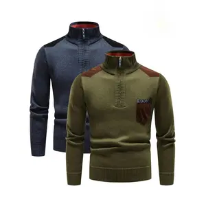 Men's Autumn Winter Color Block Printed Half Zipper Turtleneck Pullover Sweater Casual Regular Fit Long Sleeve Knitwear Autumn Clothing Menswear Tops