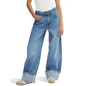 Tankaneo Womens Wide Leg Cuffed Jeans Trendy High Waisted Baggy Boyfriend Casual Denim Pants with Belted