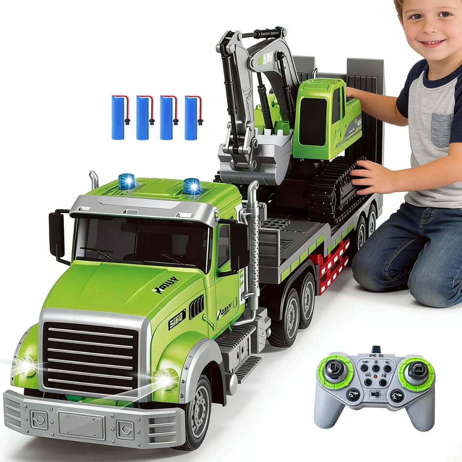 Remote Control Semi Truck & Excavator Set - Flatbed Trailer Construction Kids Toy with Lights, Sounds, Rechargeable Battery, Cool Gifts for Kids, Yes