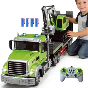 RC Semi Truck and Excavator Set, Remote Control Flatbed Trailer Construction Toy with Lights and Sounds