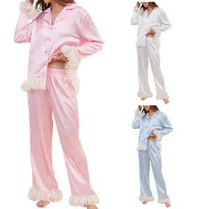 Arssm Womens Satin Pajama Sets 2 Piece Pjs Set Long Sleeve Lounge Sets Silky Sleepwear Ruffle Pj Set