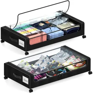 Under Bed Storage with Wheels 2 Pack Under Bed Storage Containers with Dividers Clear Lids XXL 65L Under the bed storage Organizer Bins Underbed Storage with Wheels for Clothes Black 2 Pack