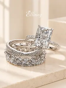 Effinny 14K Gold Plated 4.0ct Radiant Cut Non-Tarnish 4PCS Stackable Rings, Affordable Luxury Wedding Promise Women's Jewelry for Anniversary, Bridal Must-Have