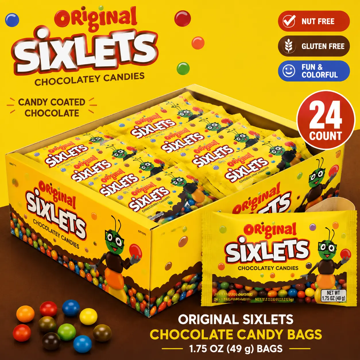Original Sixlets Chocolate Candy 1.75 oz 24 Count Tray  Colorful Chocolate Candy Pieces | Classic Sweet Treats for Parties & Sharing