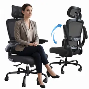 TRALT Ergonomic Office Chair - Breathable Mesh & Leather Seat - Flip-up Arms for Space Saving - High Back Support Desk Chair for Home & Gaming - Adjustable Lumbar Support & Headrest
