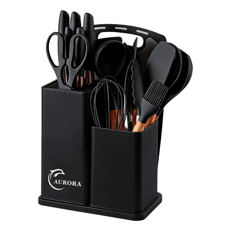 Sohochic 19-Piece Silicone-Steel Kitchen Utensils Set with Wooden Handles & Knives - Heat-Resistant, Non-Stick Tools with Storage Bucket, Turner - Gift-Ready Boxed Set, Household Items for Easy Cooking & Cleaning