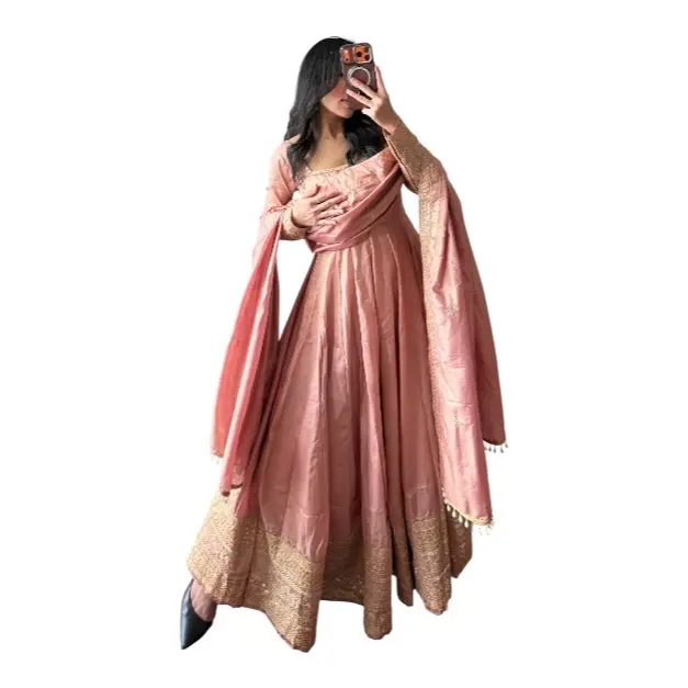 Anarkali Set Dress Womenswear Embroidered Outfit with Gold Embellishments & Sheer Dupatta for Weddings and Festive Occasions