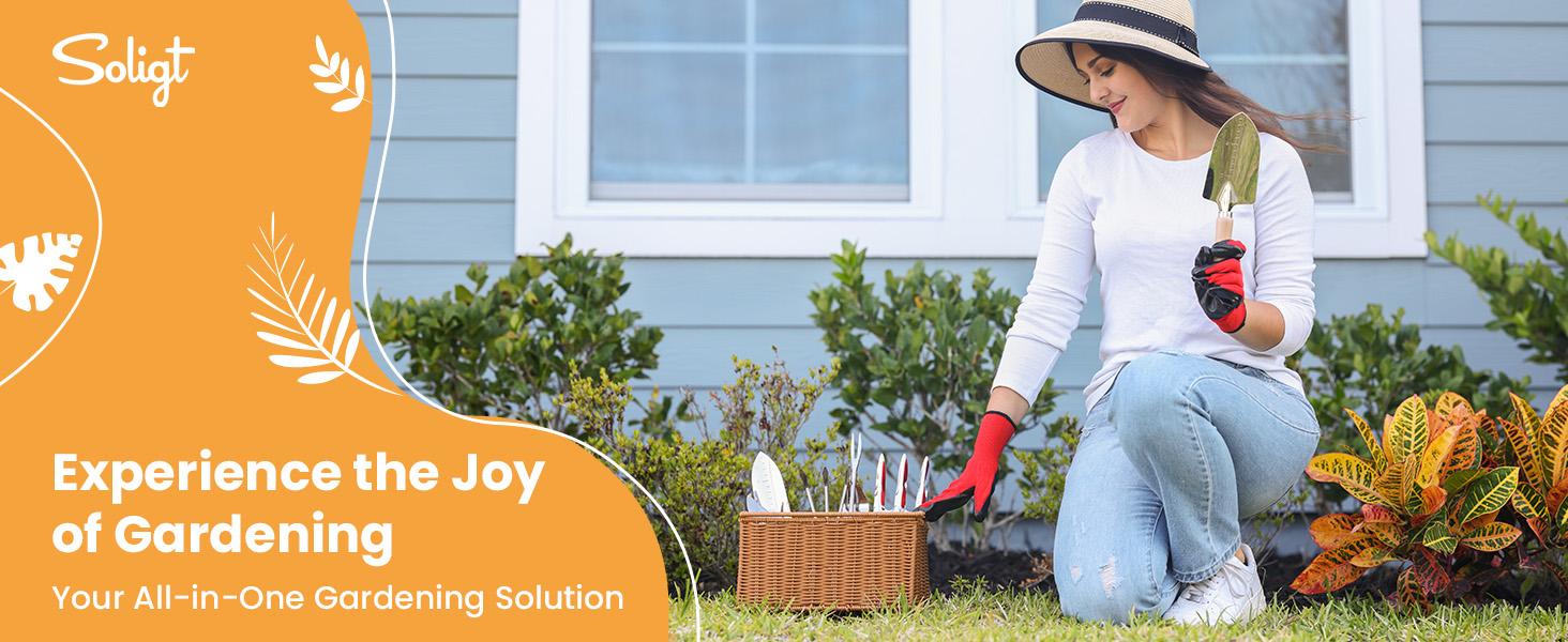 SOLIGT Garden Tools Set with Basket, Heavy Duty Stainless Steel Gardening Hand Tool with Wood Handle, Pruning Shears, Gloves - Perfect Gardening Gifts Planting Supplies for Women Men