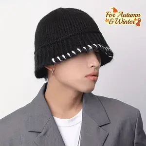 Men's New Overlock Fisherman Hat, Men's Autumn And Winter Trendy Knitted Hat, Men's Big Head Circumference Black Hat
