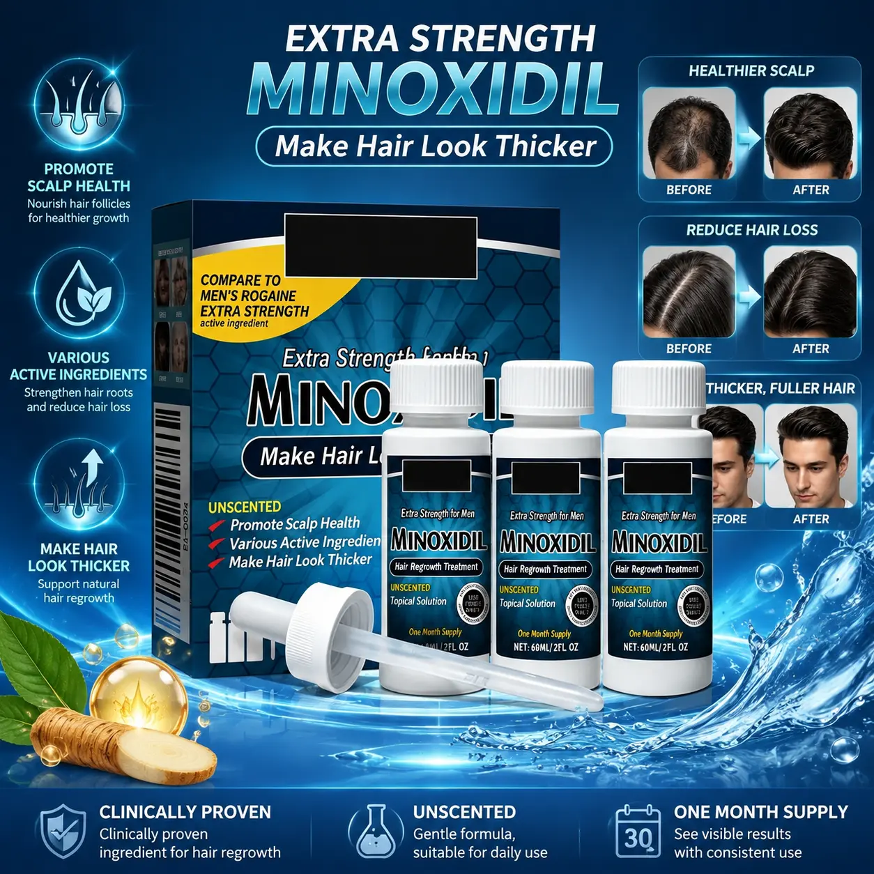 Minoxidil Hair Regrowth Serum for Men – 3-Pack, Stimulates Thicker, Fuller Hair & Moisturizes Scalp – Great Gift for Boyfriend, Husband or Dad Experiencing Hair Loss