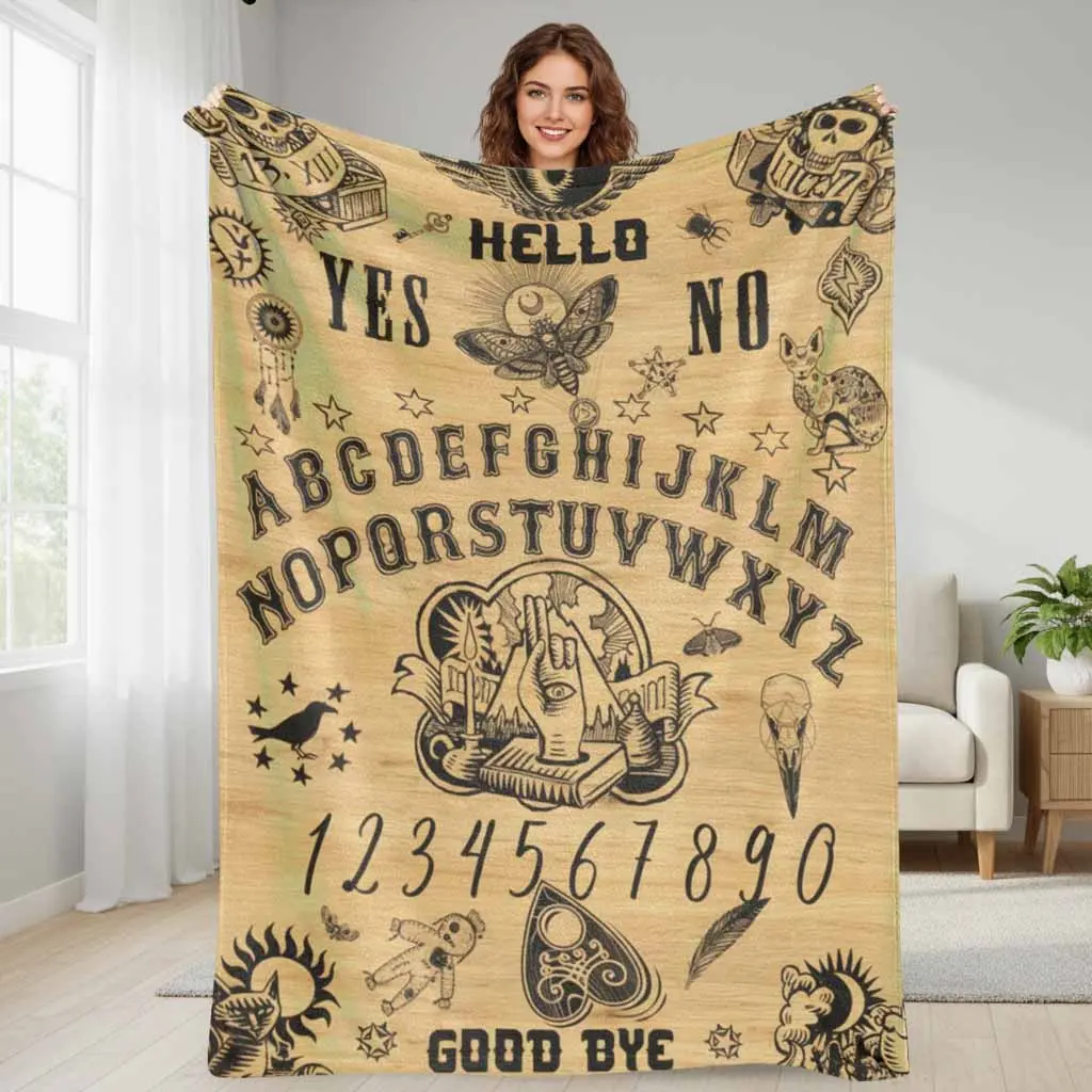 Occult Theme Mystic Ouija Board Letters Flannel Fabric Blanket - Anti-Pill, Wrinkle Resistant, Breathable, Durable, Lightweight, Soft Warm - Multi-Size, Ideal for Bedroom Decor, Halloween Party Gift, Horror Movie Blankets