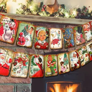 Vintage Christmas Banner - 15 Festive Flags, Paperboard Material, Santa/Snowman Prints, Perfect for Fireplaces & Christmas Trees