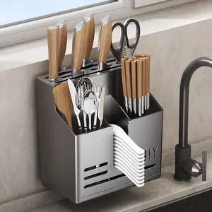 2pcs Multifunctional Kitchen Knife And Chopstick Holder Integrated Storage Rack, Wall Mounted & Countertop Cutlery Organizer With Drainage, Large Capacity Utensil Storage Box For Home Kitchen