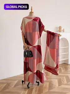 Women's Colorblock Print Long Scarf & Poncho Set, Casual Soft Comfortable Shawl for Beach Vacation, Beach Cover Up, Swimwear Coverups, Fashion Accessories for Women & Girls