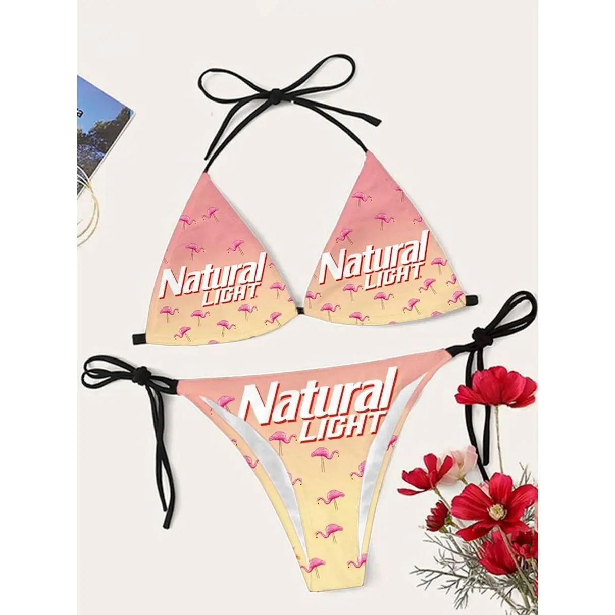Natural Light Casual Beach Vacation Pink Flamingo Drinking Triangle Bikini Set AC3