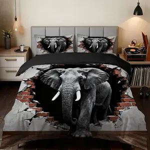 2/3 Pcs of The Stunning Moment of Elephant Breaking Through A Wall Ultra-High-Definition Digital Printed Quilt Cover Set(1* Quilt Cover+1/2* Pillowcase,No Inner Core),100% Polyester Fiber,Suitable for All Seasons,Machine Washable,Perfect Gift for Family
