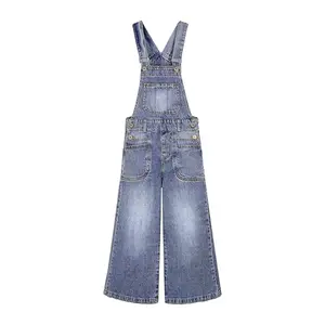 6-14T Girls Denim Overalls, Adjustable Suspenders Raw Edge Hem Casual Wear Jean Dungarees