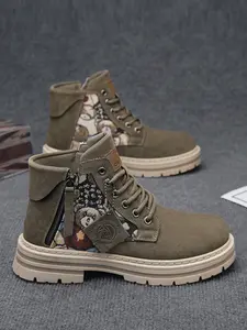 Men's Fall Winter New Simple Fashion Cartoon Print Side Zip Breathable Casual Comfort Lace-Up High Top Boots